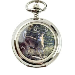 Vintage Avon Al Agnew Majestic Morning Deer Hunter Pocket Watch Chain Box COA